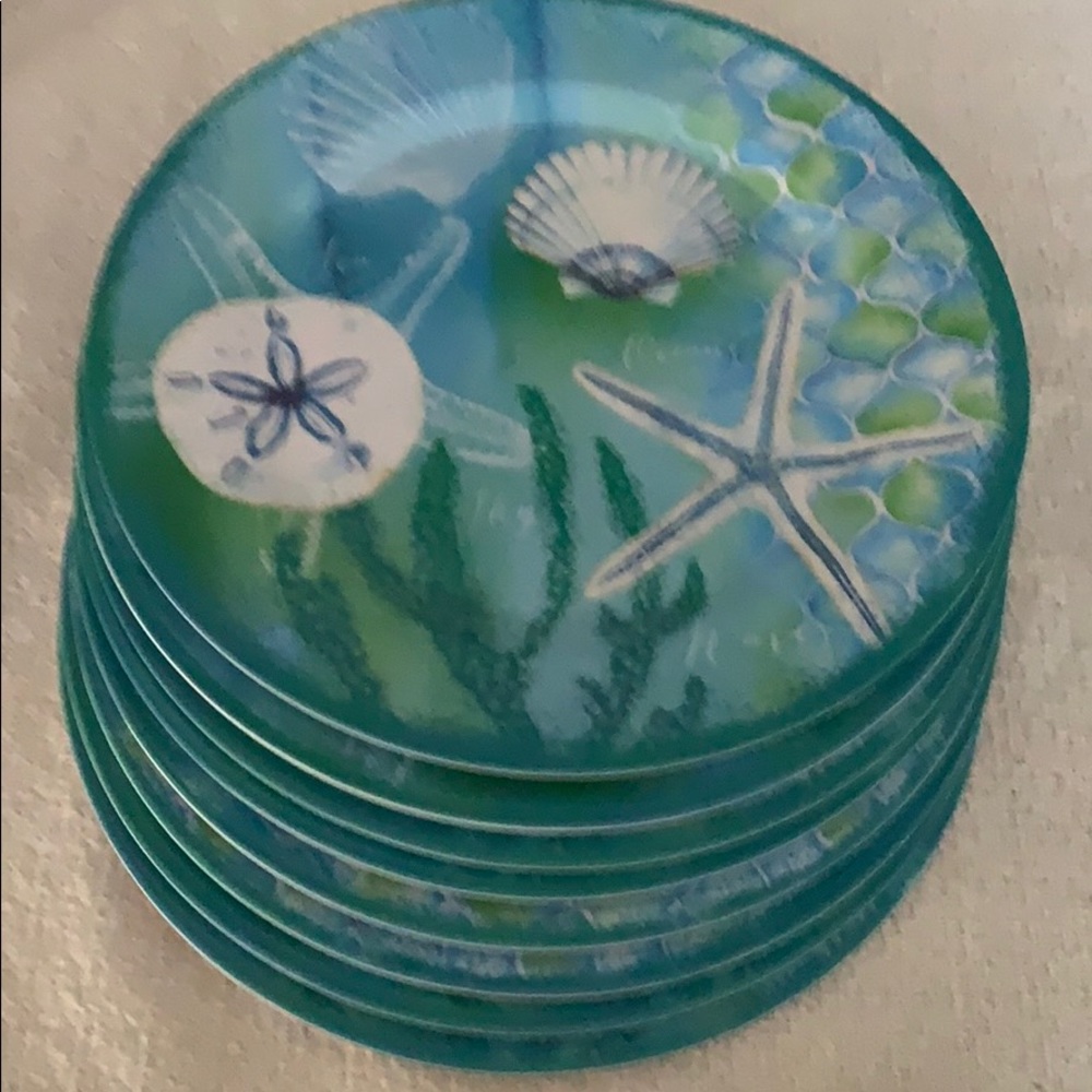 8 melamine 10” plates, one large bowl, New